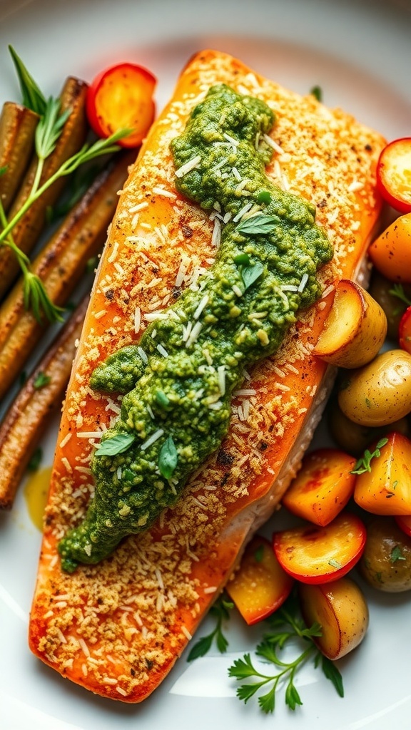 Easy 4-Ingredient Parmesan Pesto Baked Salmon Baked salmon fillet with parmesan and pesto on a plate, garnished with herbs and served with vegetables.